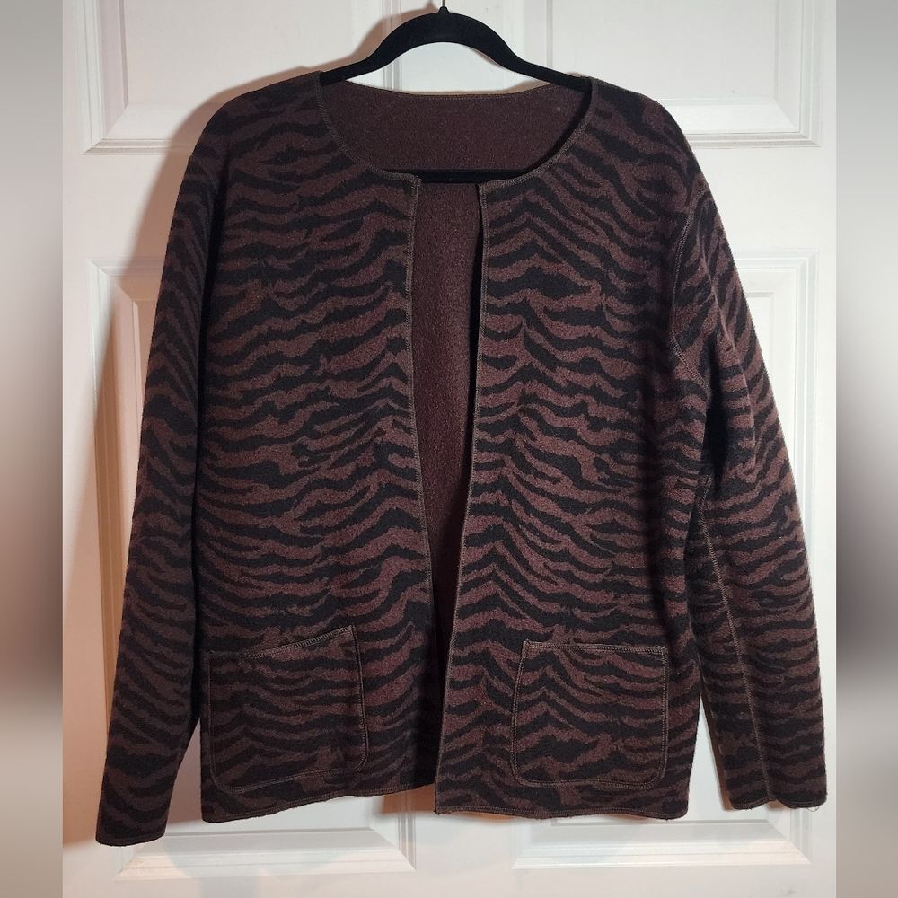 Chico's Design Boiled Wool Brown Animal Print Reversible Cardigan Sweater M